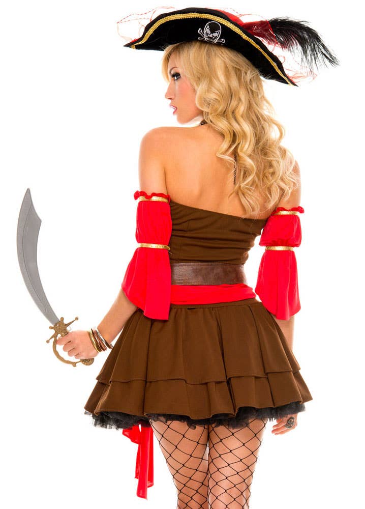 Brown, Black and White Stripy Women's Pirate Wench Costume - Back Image