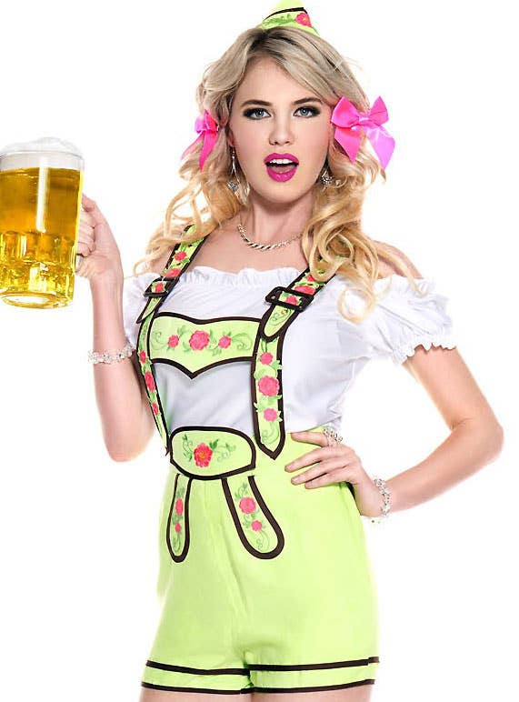 Women's Green Lederhosen Eye Catching Bavarian Oktoberfest Costume Cllose Image