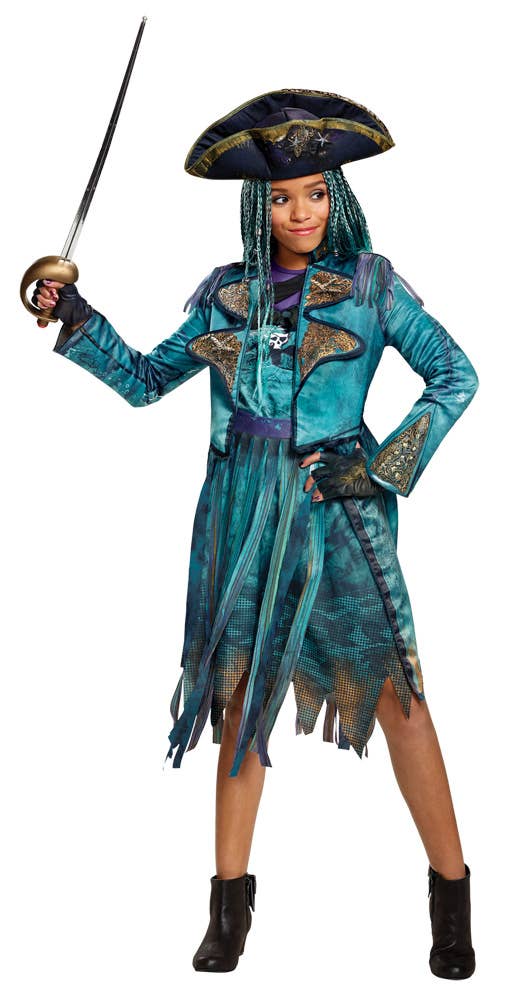 Girl's Deluxe Disney Descendants Officially Licensed Uma Pirate Teal Blue Fancy Dress Costume Alternative Image