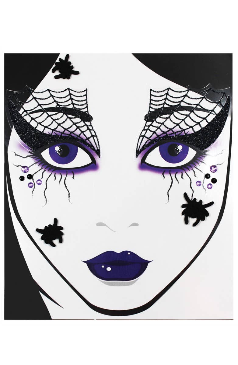 Black Glitter Stick On Face Tattoo Makeup With Foam Spiders And Black And Purple Diamontes Main Image