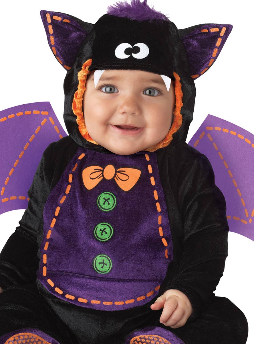 Infant Purple and Black Bat Halloween Costume Close Image