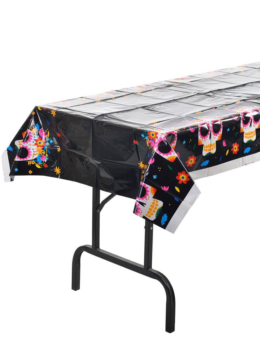 Image of Plastic Black Sugar Skulls Halloween Table Cover