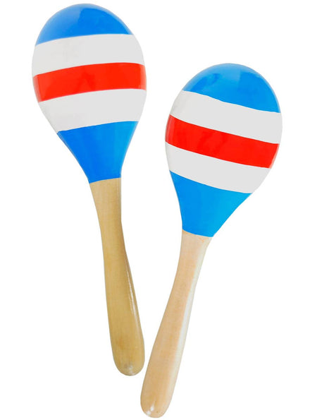 Image of Wooden Blue Red and White Striped Maracas