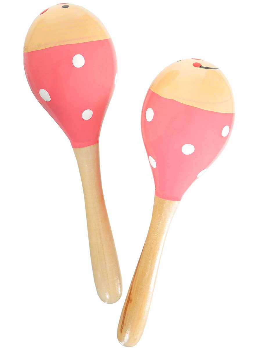 Image of Wooden Pink Polka Dot Maracas with Smiley Faces - Main View