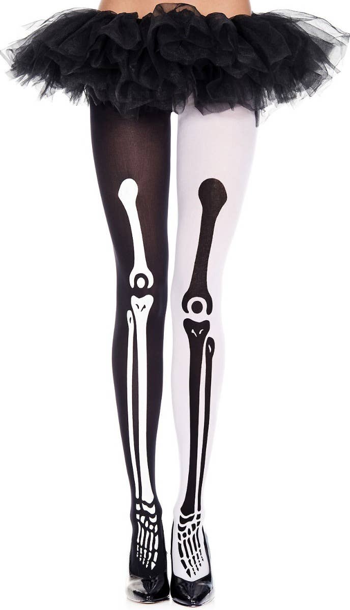 Women's Black and White Mismatch Skeleton Print Halloween Stockings Main Image