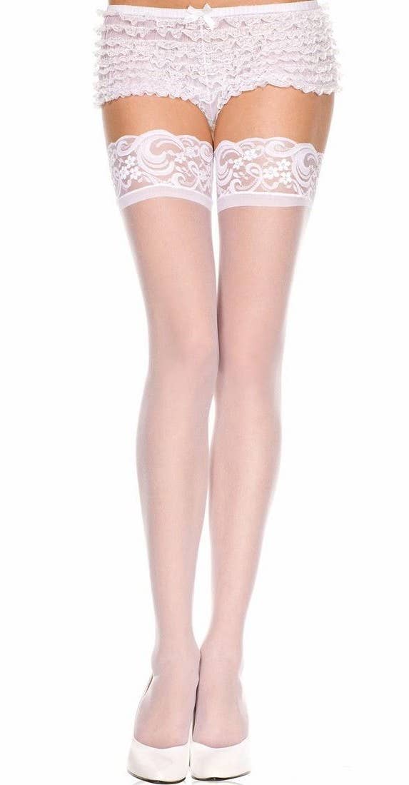 Womens Sexy Lace Top Sheer White Thigh High Stockings Music Legs - Main Image