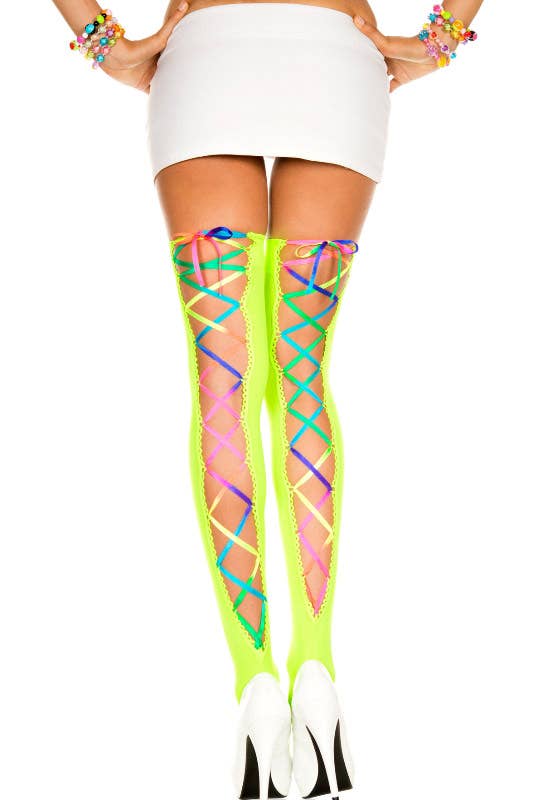 Neon Green Lace Up Thigh High Women's Costume Stockings