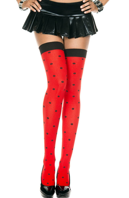 Red Thigh High Stockings with Black Polka Dots