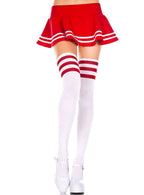 White Knitted Thigh High Women's Stockings with Red Stripes