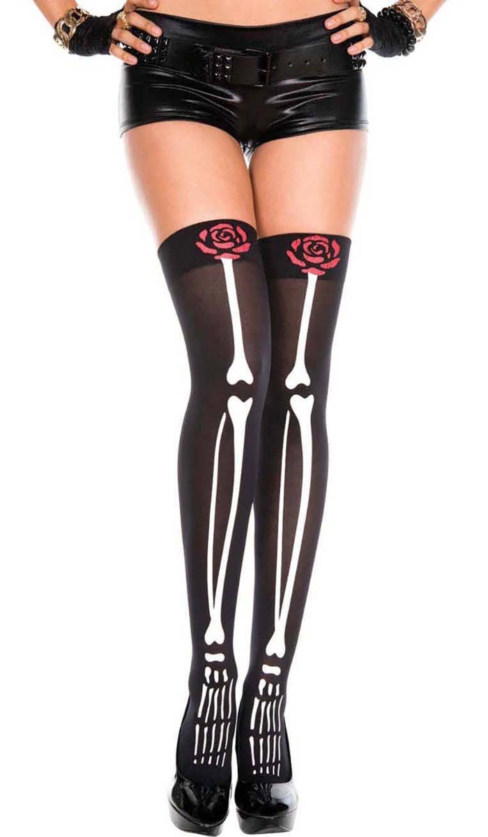 Women's Day of the Dead Rose and Bone Print Halloween Thigh Highs Main Image
