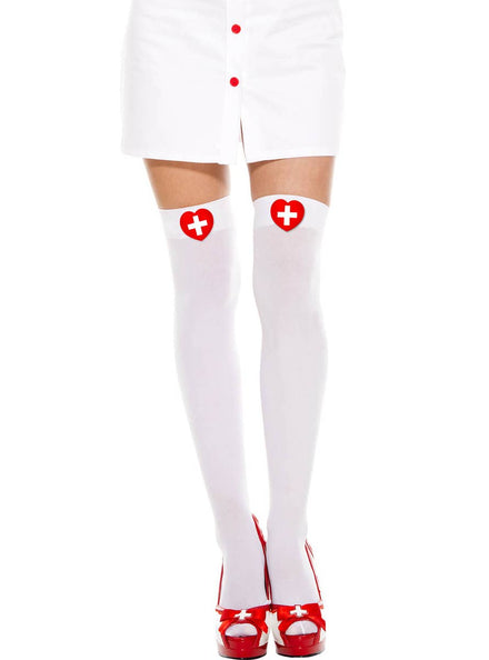 White Thigh High Stockings with Red and White Heart Nurse Crosses