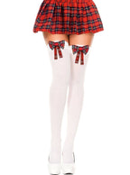 White Thigh High Stockings with Red Tartan Schoolgirl Bows