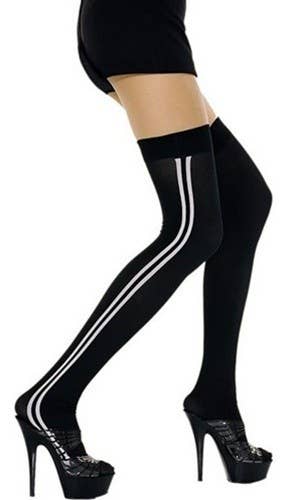 Black Thigh High Women's Stockings with Double White Stripes - Alternative View