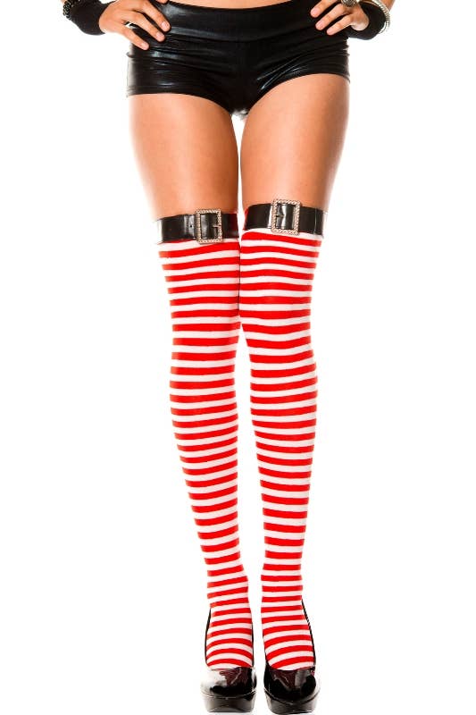 Women's Red and White Striped Christmas Costume Stockings with Black Belt Tops