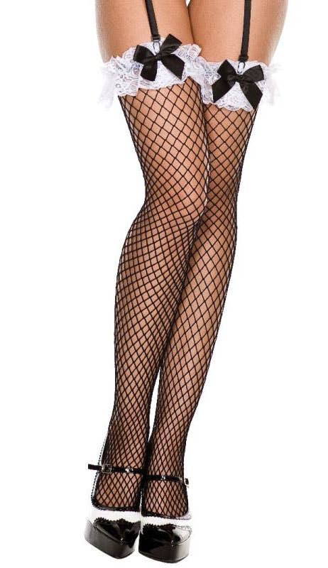 Fishnet Thigh Highs with White Ruffled Lace and Black Bows