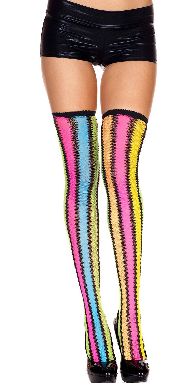 Striped Zig Zag Stockings Spandex Zig Zag Rainbow Thigh Highs