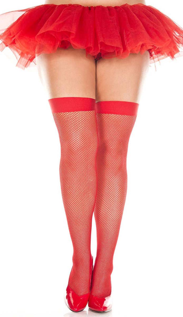 Plus Size Women's Red Fishnet Thigh High Stockings