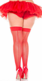 Women's Plus Size Red Fishnet Thigh High Stockings with Backseam