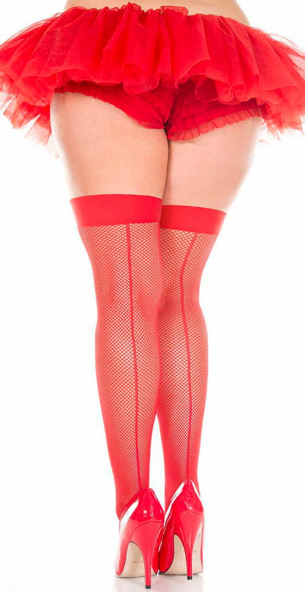 Women's Plus Size Red Fishnet Thigh High Stockings with Backseam