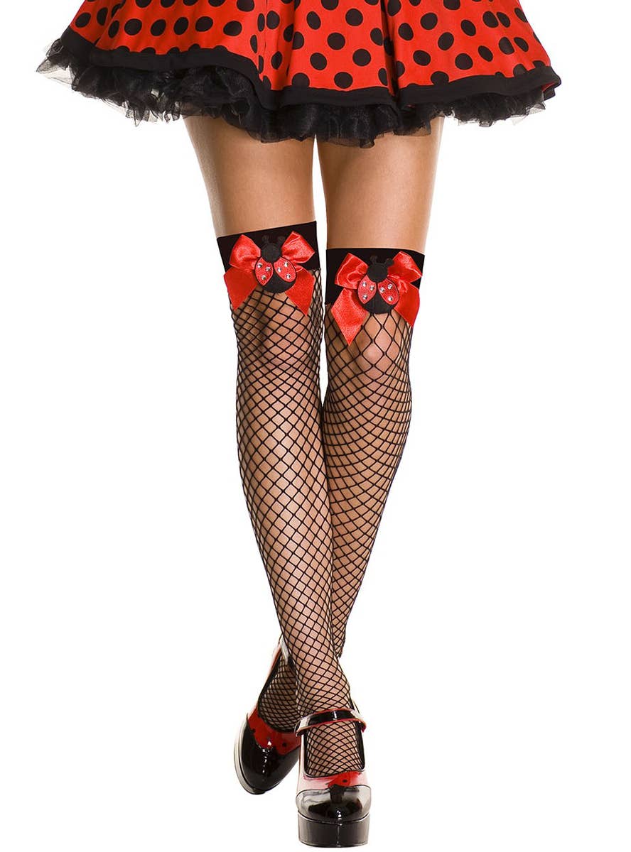 Black Thigh High Fishnet Women's Stockings with Red Satin Bows Main Image