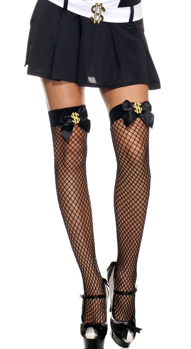 Dollar Sign Women's Gangster Black Fishnet Thigh High Stockings