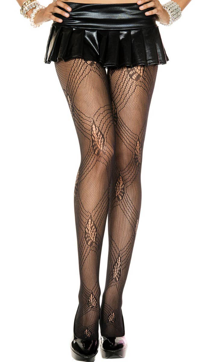 Diamond Lace Pattern Black Pantyhose Front View