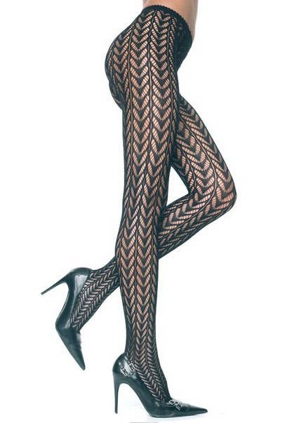 Feather Pattern Black Full Length Stockings