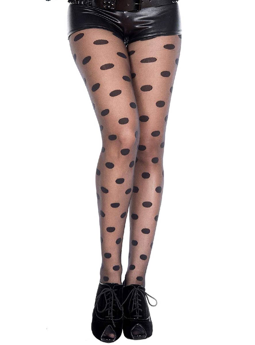 Women's Sheer Black Full Length Stockings with Polka Dots