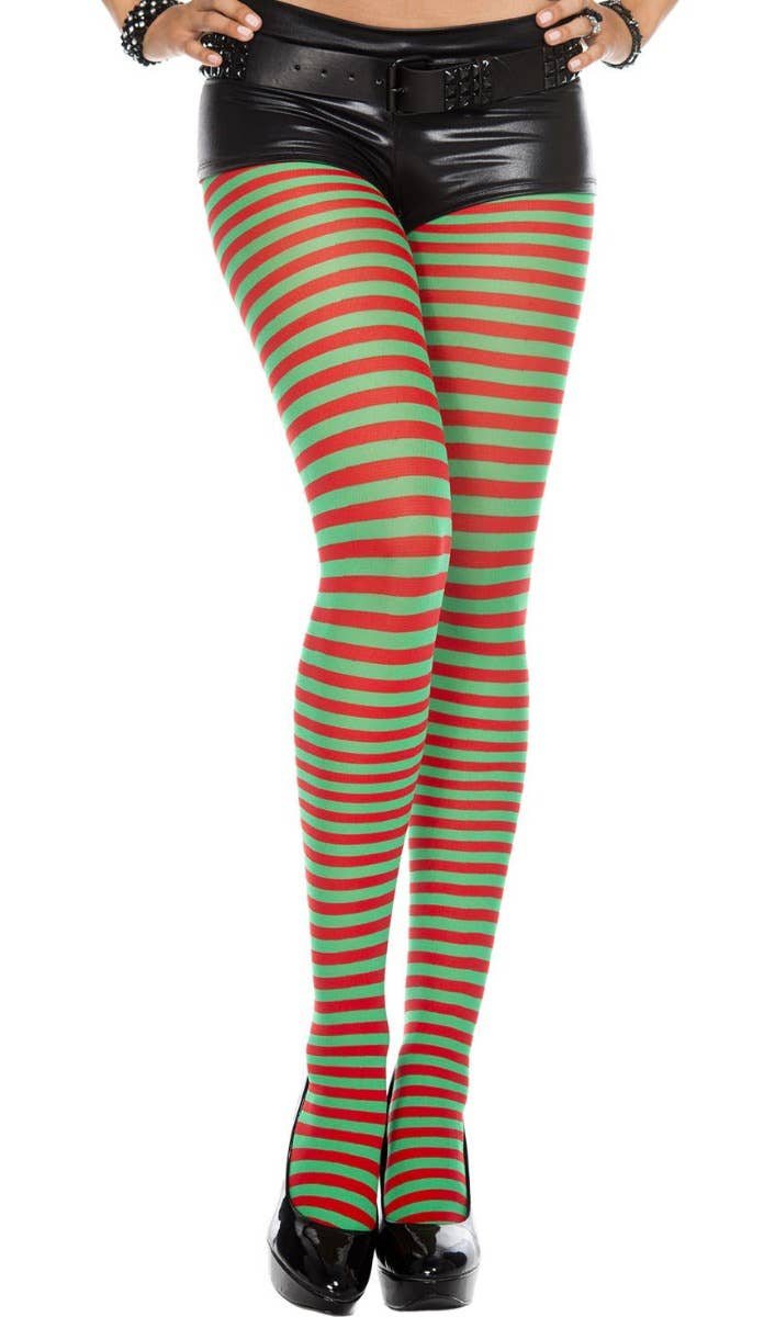 Red And Green Striped Women's Opaque Full Length Christmas Elf Stockings Hosiery Main Image