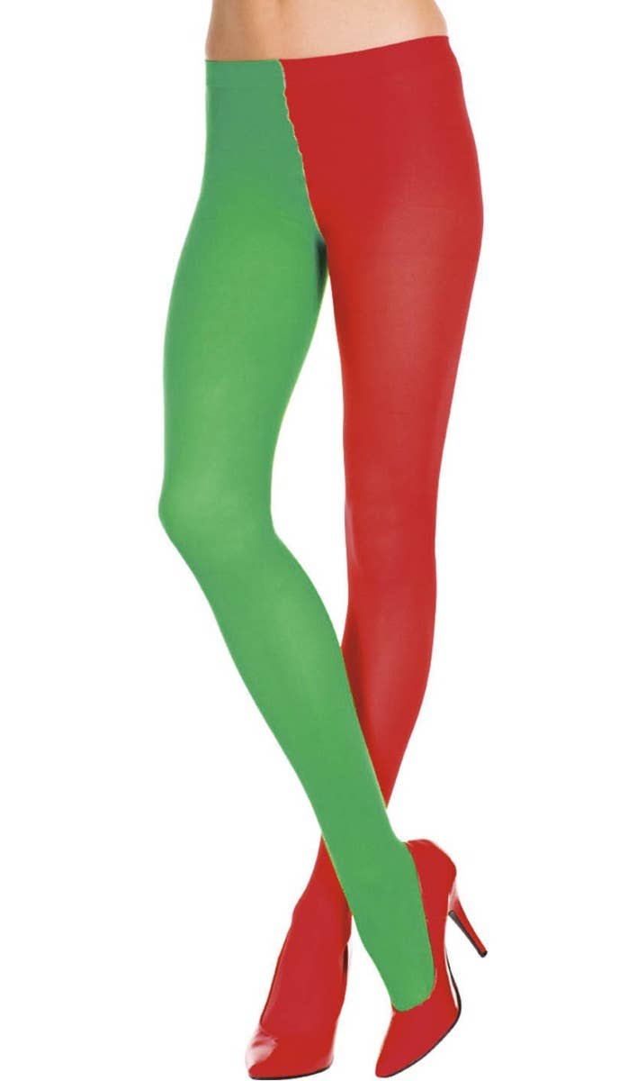 Christmas Elf Women's Full Length Green And Red Opaque Stockings Tights Hosiery Main Image