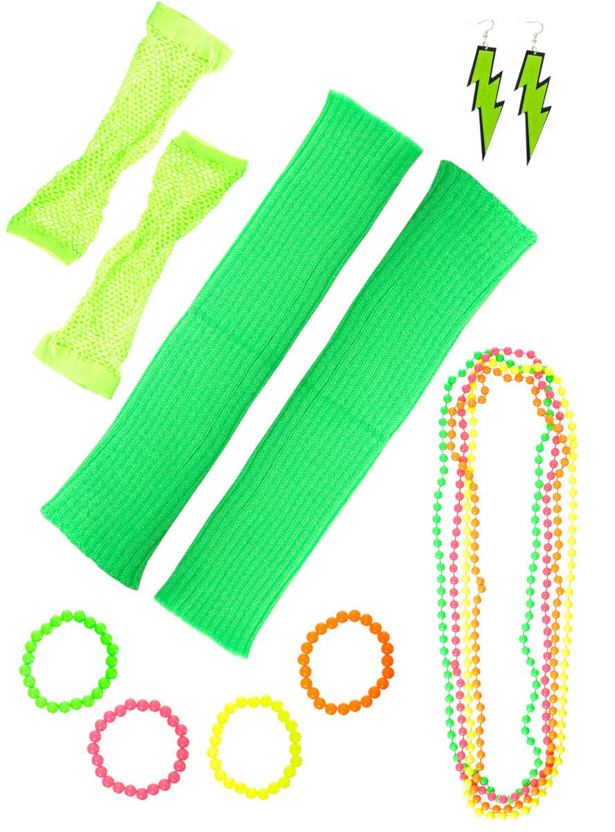 Image of Neon Green 11 Piece 1980s Costume Accessory Set - Main Image