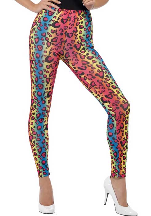 80's Rainbow Leopard Print Costume Leggings for Women - Close Up View