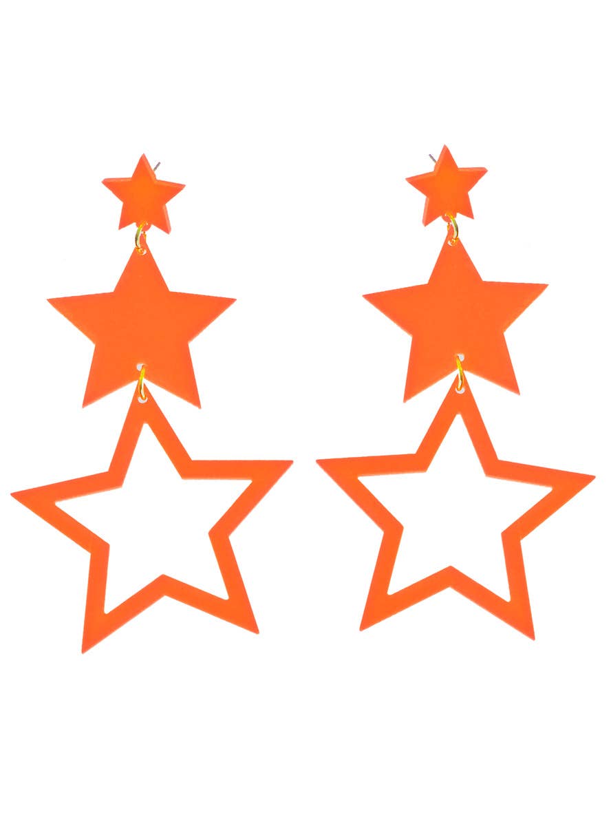 Image Of 80s Neon Orange Dangling Star Costume Earrings - Main Image