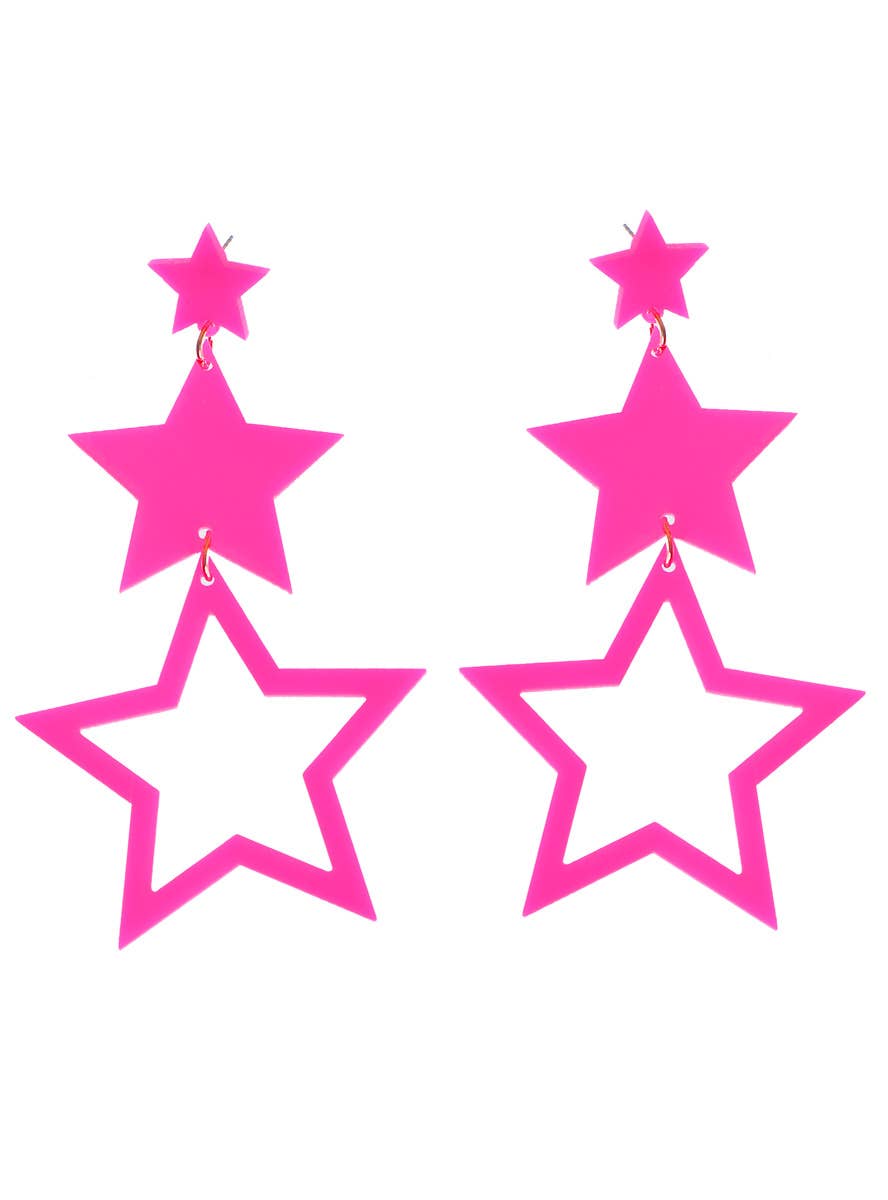 Image Of 80s Neon Pink Dangling Star Costume Earrings - Main Image
