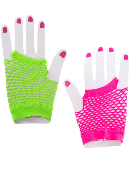 Image of Short Neon Green and Pink 80's Fishnet Costume Gloves