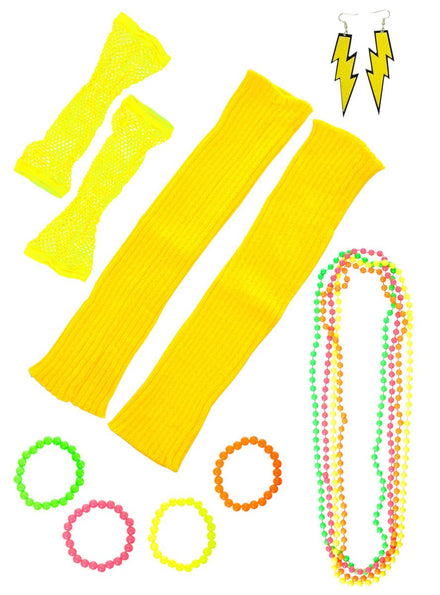 Image of Neon Yellow 11 Piece 1980s Costume Accessory Set - Main Image