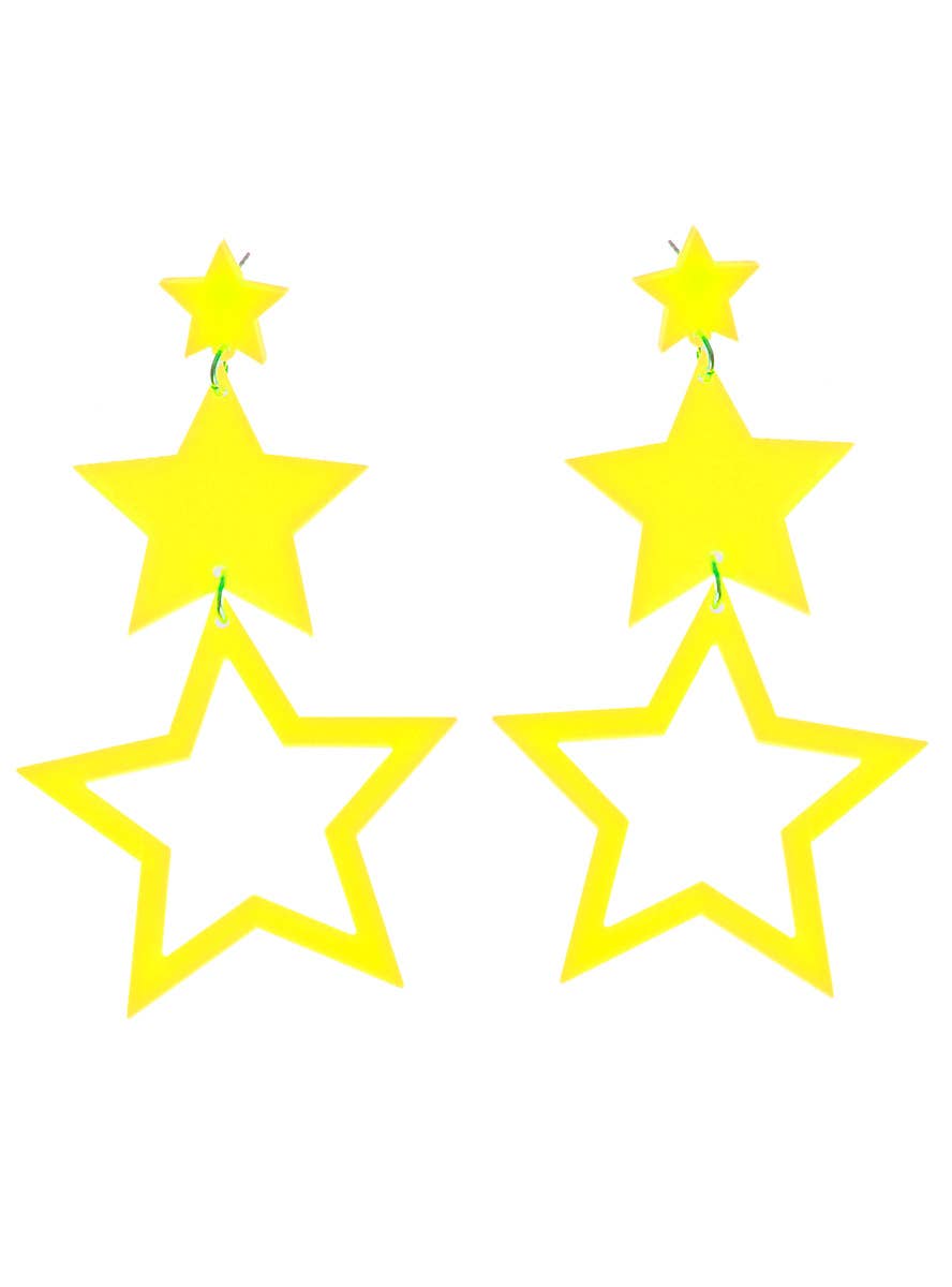 Image Of 80s Neon Yellow Dangling Star Costume Earrings - Main Image