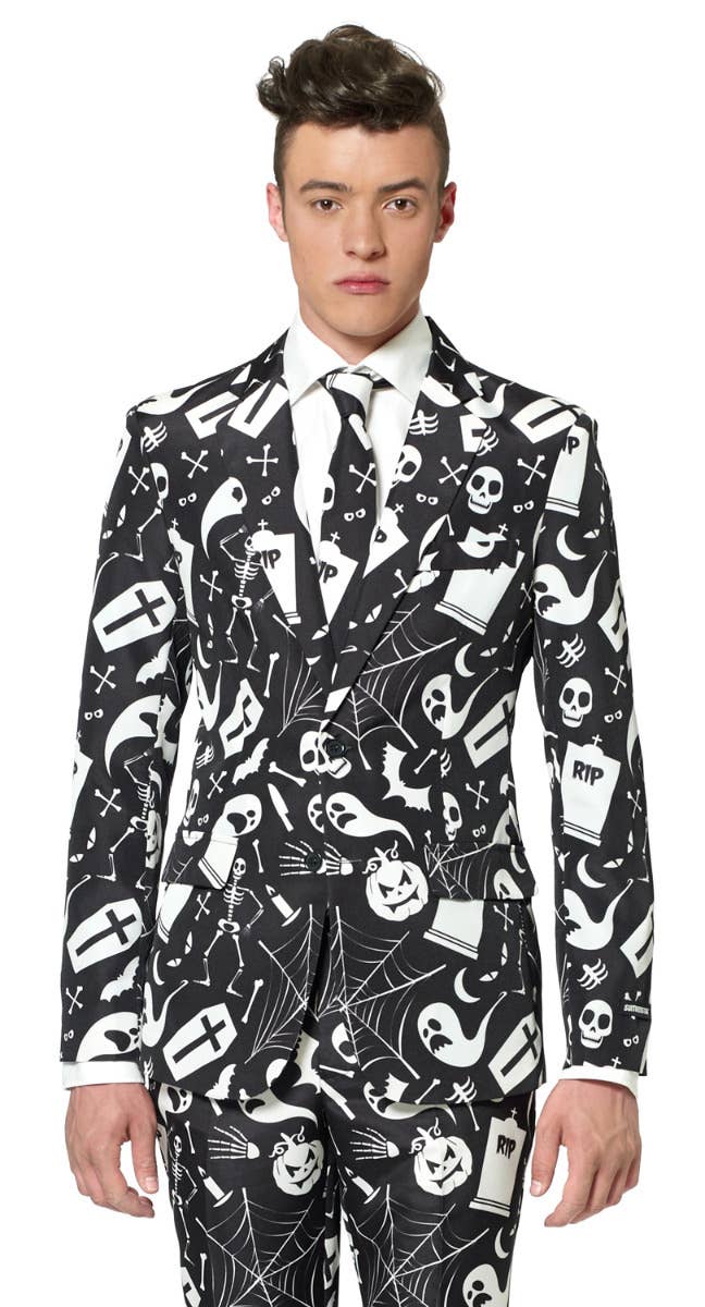 Men's Black Halloween Print Suitmeister Opposuit Costume Front zoom Image