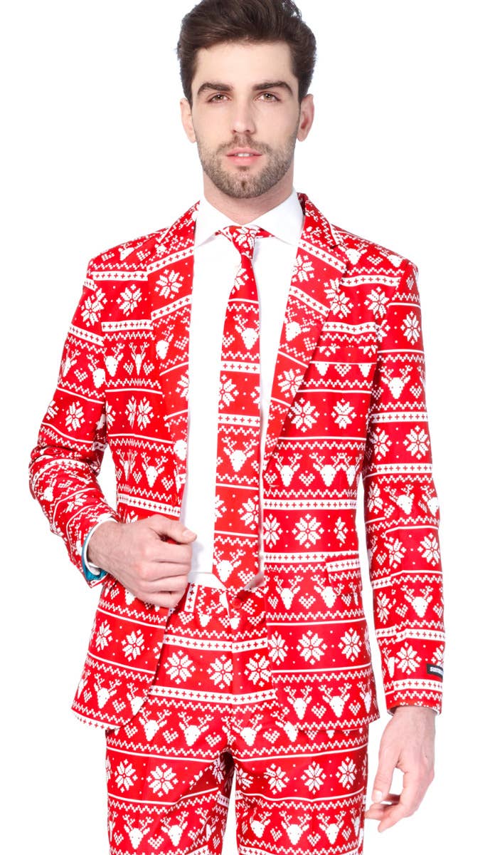 Christmas Red Nordic Jumper Pattern Suitmeister Men's Suit Front Zoom Image