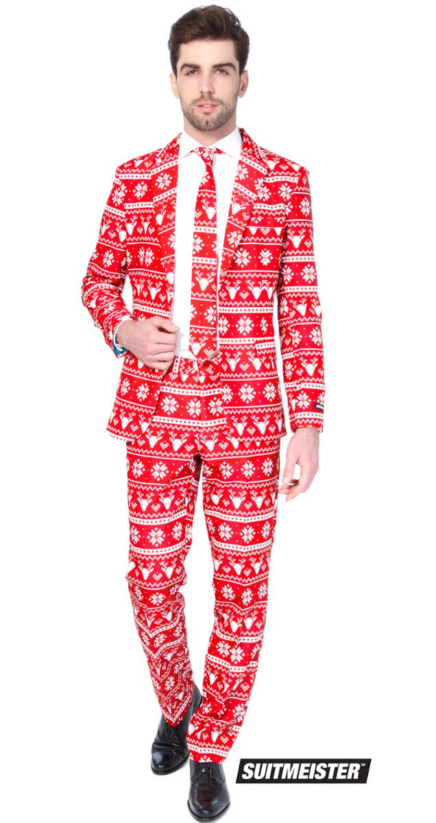 Christmas Red Nordic Jumper Pattern Suitmeister Men's Suit Front Image