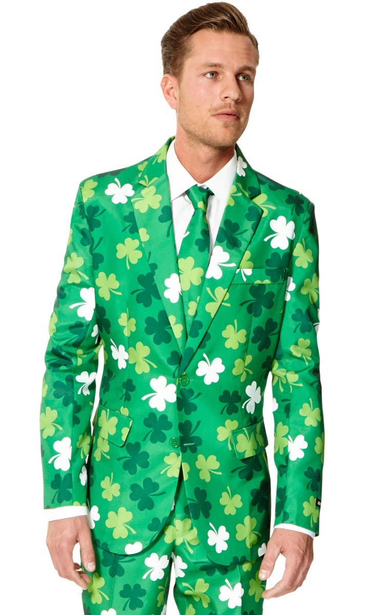 Green Clovers St Patricks Day Men's Suitmeister Suit Close Up Image