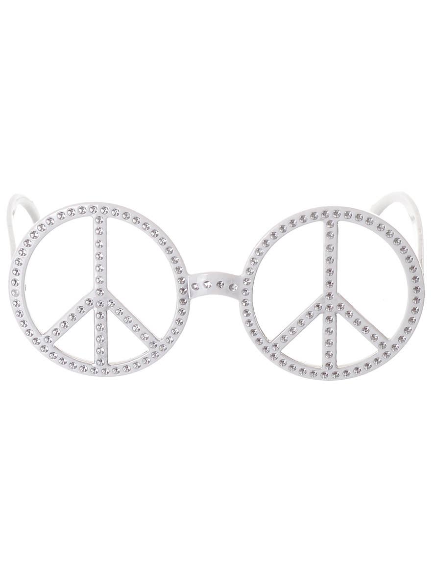 White Peace Sign Glasses with Rhinestones