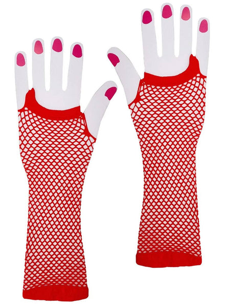 Long Red Fishnet 80s Costume Gloves