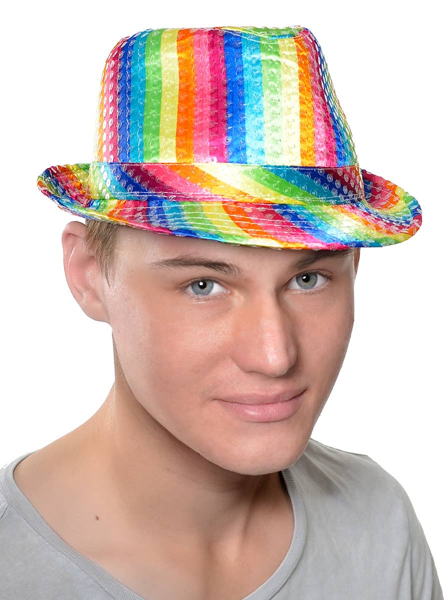 Adult's Satin Sequined Rainbow Fedora Costume Accessory Hat