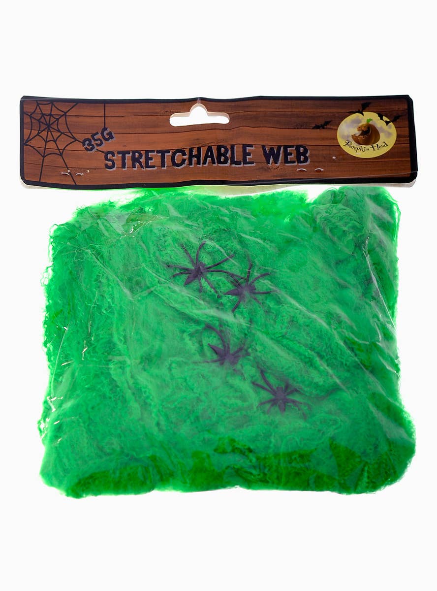 Image of Stretchable Green Spider Web with Spiders Halloween Decoration