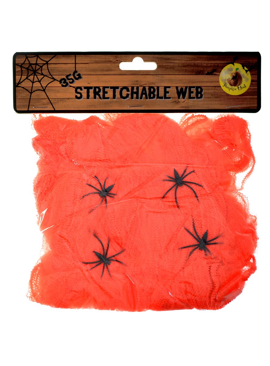 Image of Stretchable Orange Spider Web with Spiders Halloween Decoration