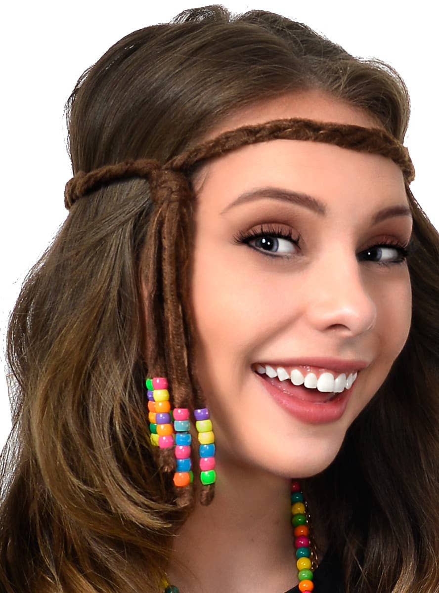 Soft Brown Plaited 70s Hippie Headband with Beads - Close Image