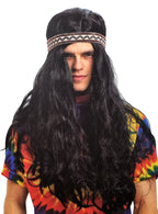 Image of 70s Hippie Man Long Black Costume Wig with Headband