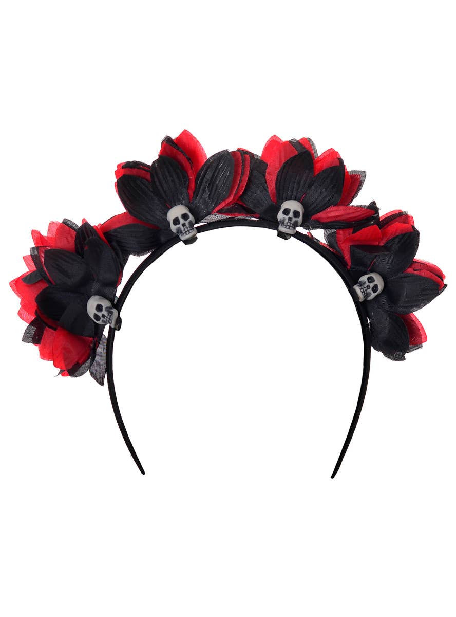 Red and Black Floral Day of the Dead Costume Headband with Skulls - Main Image