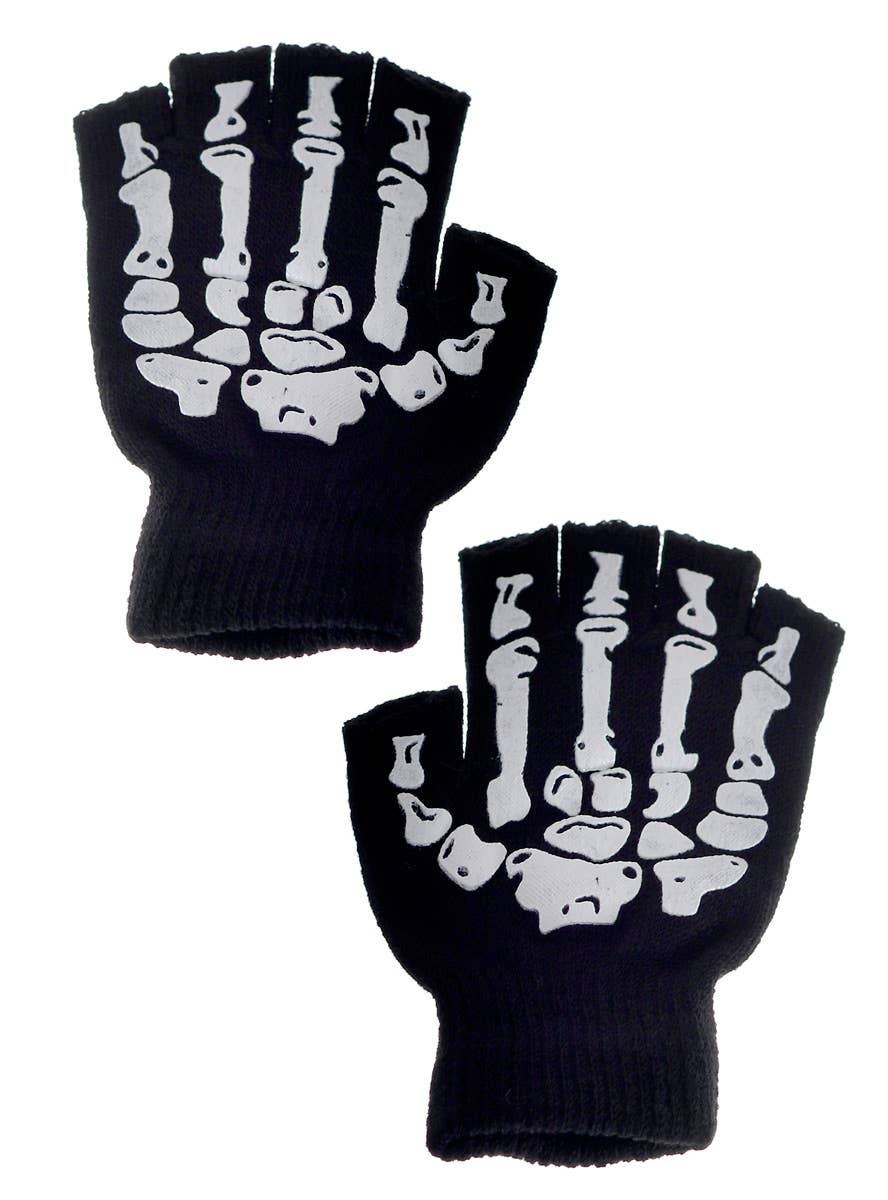 Skeleton Print Womens Halloween Fingerless Gloves - Main Image